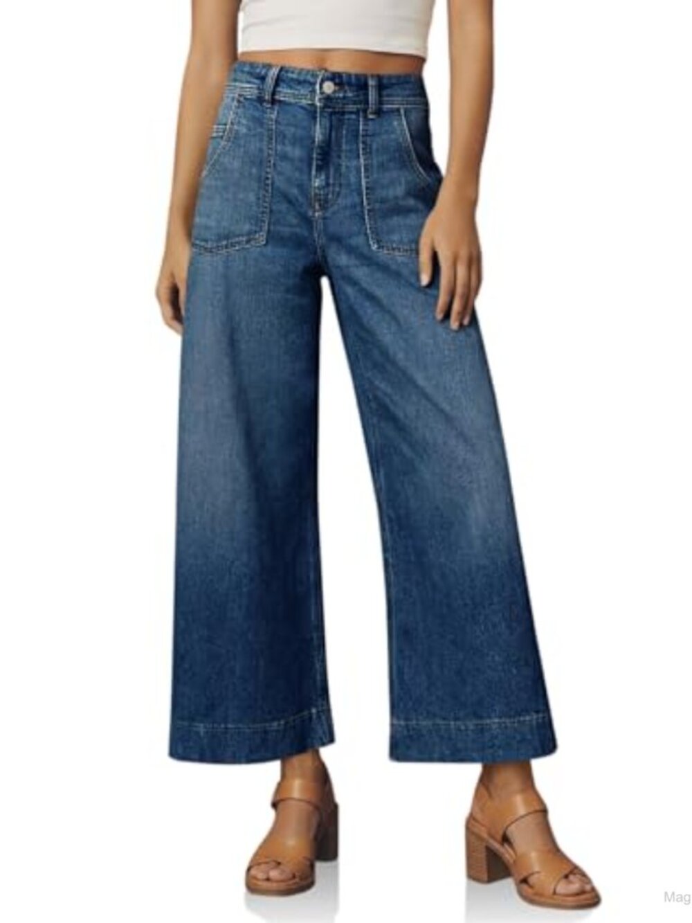 High Waisted Cropped Wide Leg Jeans Stretchy Denim Pants Patch Pockets